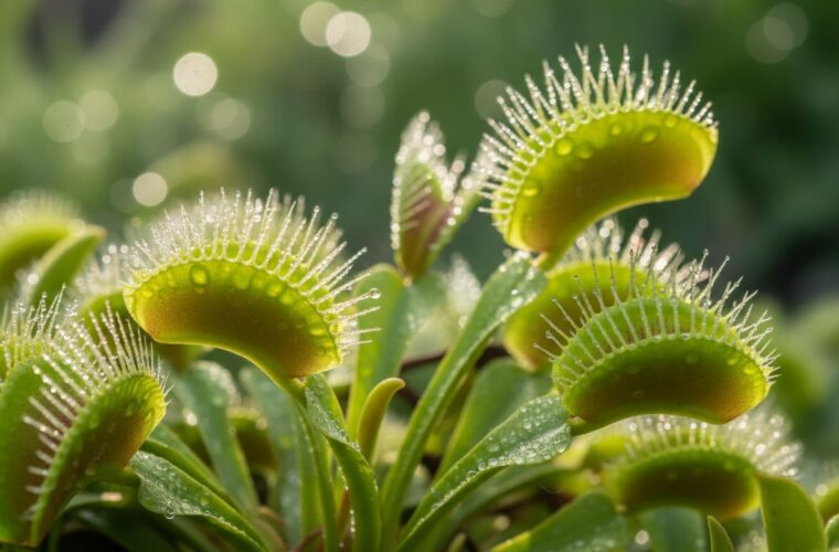Dionaea muscipula z otwartymi pułapkami i kropelkami rosy na liściach w naturalnym otoczeniu ogrodu