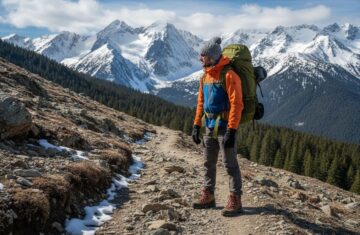 Osoba w ubraniu trekkingowym na skalistej ścieżce z górami i lasem sosnowym w tle w naturalnym świetle.