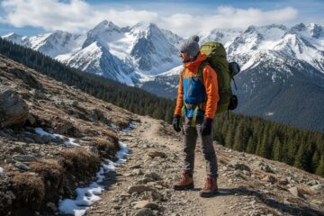 Osoba w ubraniu trekkingowym na skalistej ścieżce z górami i lasem sosnowym w tle w naturalnym świetle.